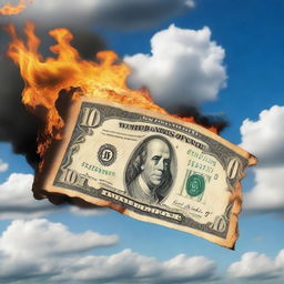 A half-burned 100 dollar bill floating in the sky with clouds in the background