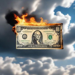 A half-burned 100 dollar bill floating in the sky with clouds in the background