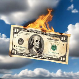 A half-burned 100 dollar bill floating in the sky with clouds in the background