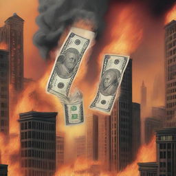 A scene depicting 100 dollar bills floating above a city engulfed in flames