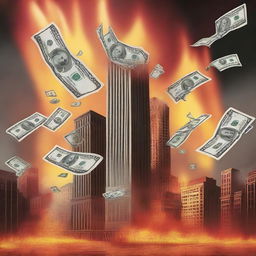 A scene depicting 100 dollar bills floating above a city engulfed in flames