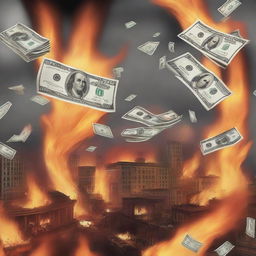 A scene depicting 100 dollar bills floating above a city engulfed in flames