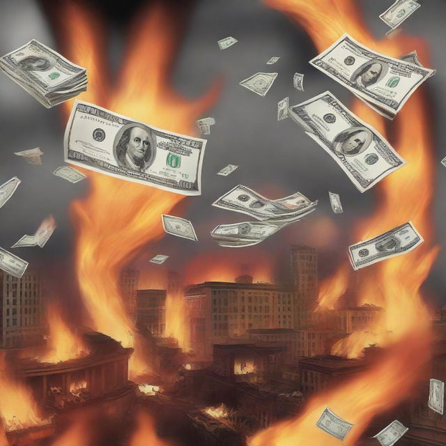 A scene depicting 100 dollar bills floating above a city engulfed in flames