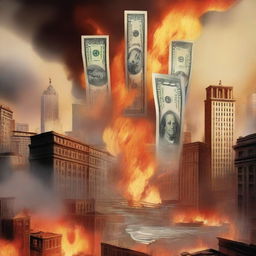 A scene depicting 100 dollar bills floating above a city engulfed in flames