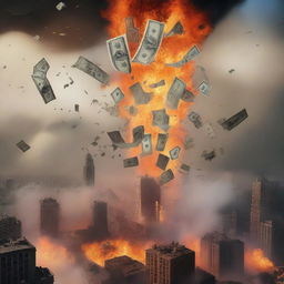 A dramatic scene where 100 dollar bills are floating towards the sky above a city on fire