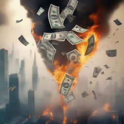 A dramatic scene where 100 dollar bills are floating towards the sky above a city on fire