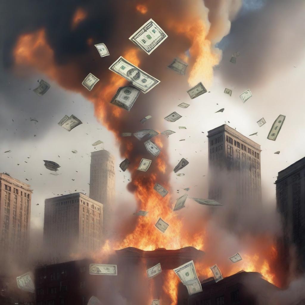 A dramatic scene where 100 dollar bills are floating towards the sky above a city on fire