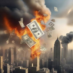 A dramatic scene where 100 dollar bills are floating towards the sky above a city on fire