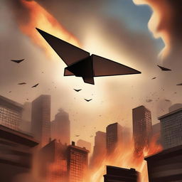 A powerful scene depicting a paper airplane floating towards the sky above a city on fire