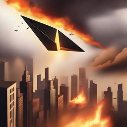 A powerful scene depicting a paper airplane floating towards the sky above a city on fire