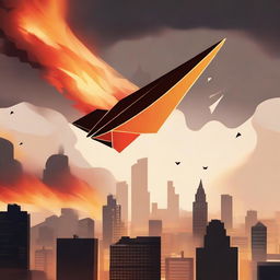 A powerful scene depicting a paper airplane floating towards the sky above a city on fire