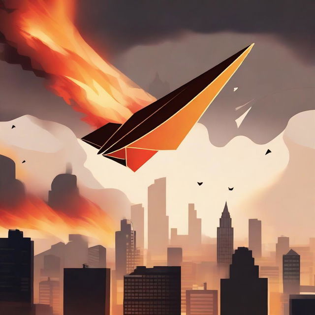 A powerful scene depicting a paper airplane floating towards the sky above a city on fire