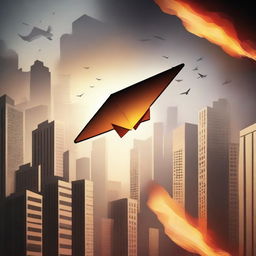 A powerful scene depicting a paper airplane floating towards the sky above a city on fire