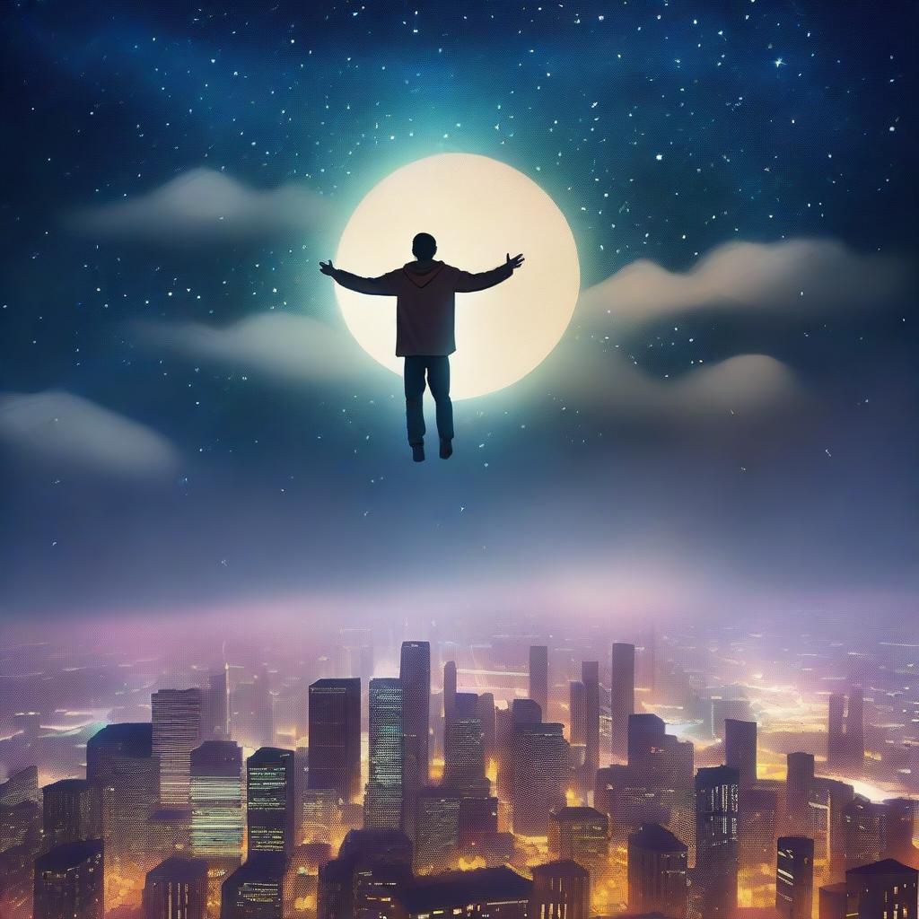 A serene and mystical scene of a man floating above a city at night