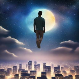 A serene and mystical scene of a man floating above a city at night