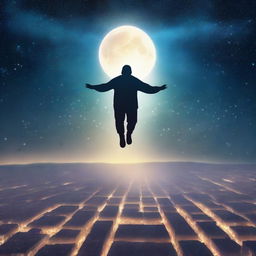 A serene and mystical scene of a man floating above a city at night