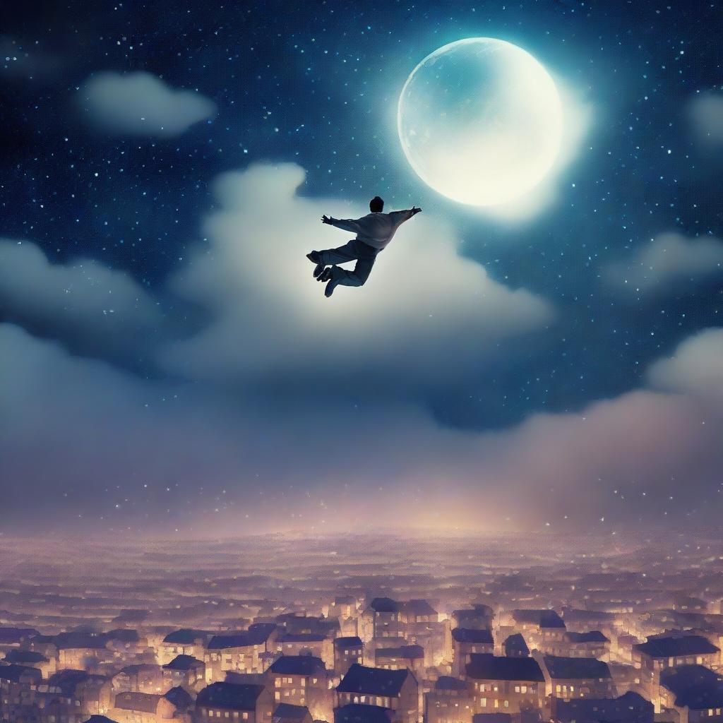 A serene and mystical scene of a man floating above a city at night