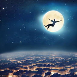 A serene and mystical scene of a man floating above a city at night