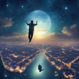 A serene and mystical scene of a man floating above a city at night