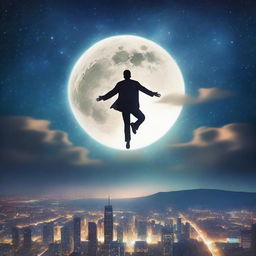 A serene and mystical scene of a man floating above a city at night