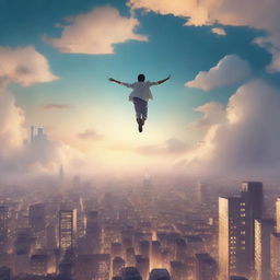 A serene and mystical scene of a man floating above a city