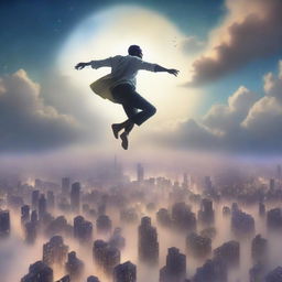 A serene and mystical scene of a man floating above a city