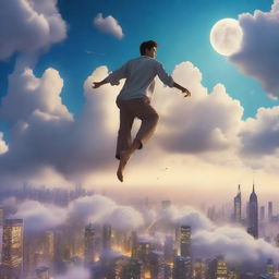 A serene and mystical scene of a man floating above a city