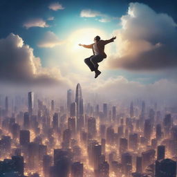 A serene and mystical scene of a man floating above a city