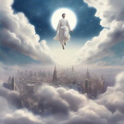 A serene and mystical scene of a white man floating above a city