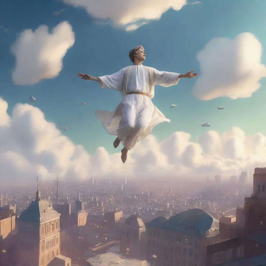 A serene and mystical scene of a white man floating above a city