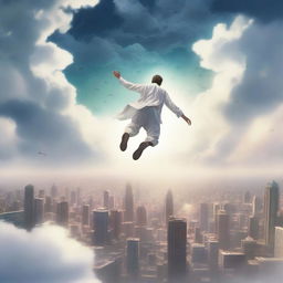 A serene and mystical scene of a white man floating above a city