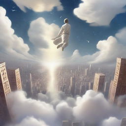 A serene and mystical scene of a white man floating above a city