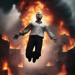 A dramatic and intense scene of a white man floating above a city on fire