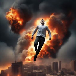 A dramatic and intense scene of a white man floating above a city on fire