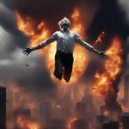 A dramatic and intense scene of a white man floating above a city on fire