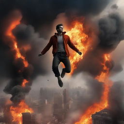 A dramatic and intense scene of a man floating above a city on fire