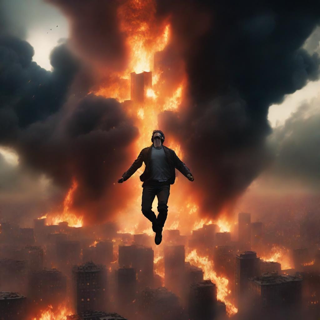 A dramatic and intense scene of a man floating above a city on fire