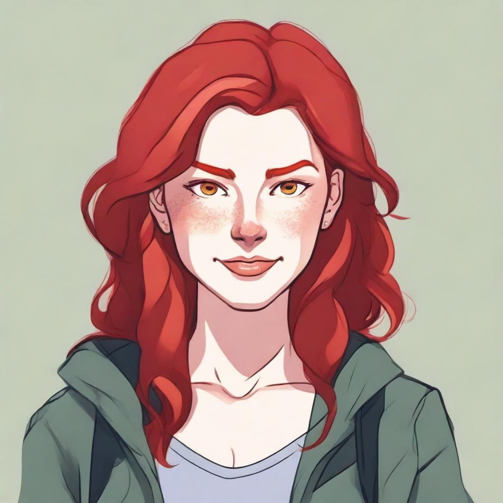 A portrait of a thick redheaded woman with vibrant red hair, wearing casual attire