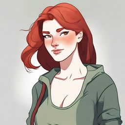 A portrait of a thick redheaded woman with vibrant red hair, wearing casual attire