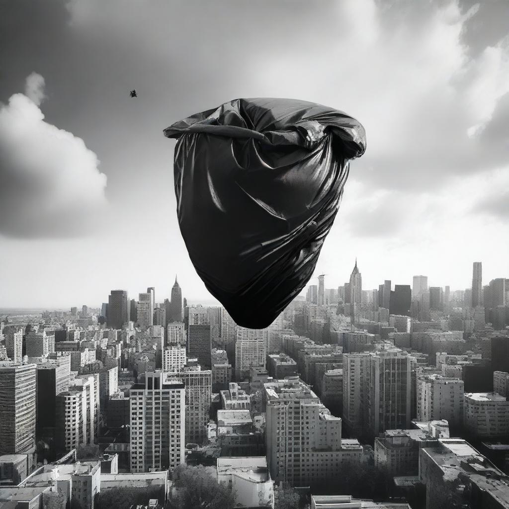 A surreal scene of a trash bag floating above a cityscape