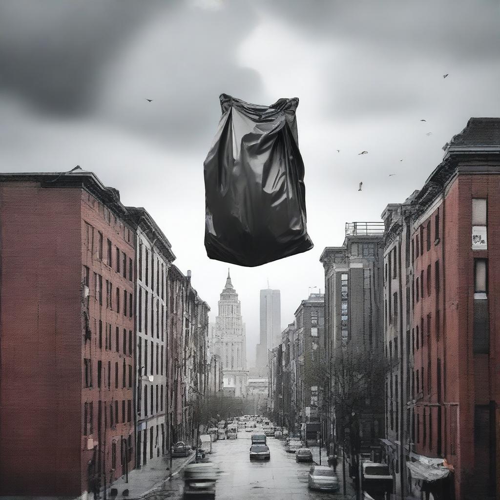 A surreal scene of a trash bag floating above a cityscape