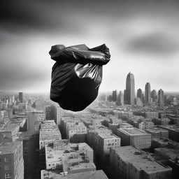 A surreal scene of a trash bag floating above a cityscape