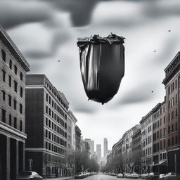 A surreal scene of a trash bag floating above a cityscape