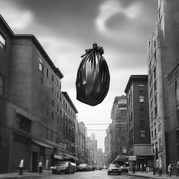 A surreal scene of a trash bag floating above a bustling cityscape