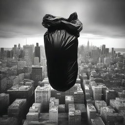 A surreal scene of a trash bag floating above a bustling cityscape