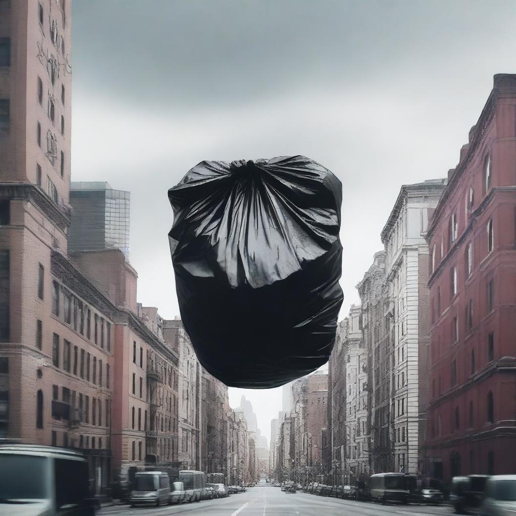 A surreal scene of a trash bag floating above a bustling cityscape