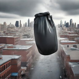 A surreal scene of a trash bag floating above a bustling cityscape