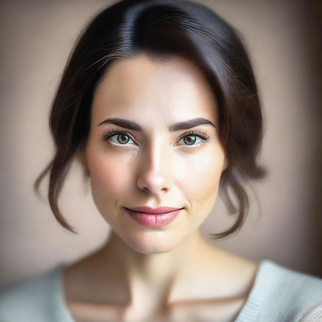 A portrait of a brunette woman with doe eyes, capturing her gentle and innocent expression