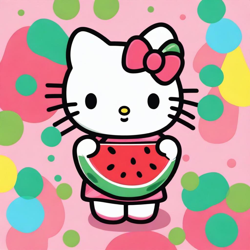 A cute cartoon image of Hello Kitty holding a watermelon with a big smile