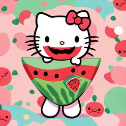 A cute cartoon image of Hello Kitty holding a watermelon with a big smile